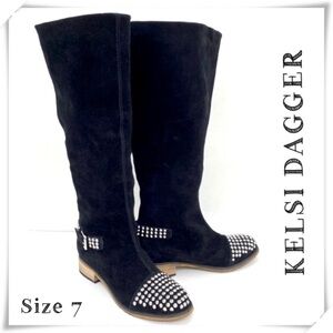 KELSI Dagger Studded Cup toe Rover Suede Knee High Riding Moto Boot in Black